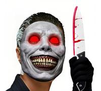 JOYTIX®Masque Démon LED aux Yeux Rouge Lumineux en Latex Naturel pour Halloween & Fêtes Déguisées | Masque Horreur Souriant avec Gants Noirs et Couteau Sanglant