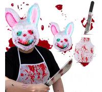 JOYTIX®Masque Effrayant de Lapin Sanglant LED avec Machette 43cm & Tablier de Boucher Taché de Sang - Costume Halloween Lumière Rouge Bleue, Déguisement Horreur pour Ados Adultes