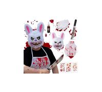 JOYTIX®Masque Lapin Tueur Sanguinaire: Tablier Taché de Sang + Couteau en PVC & Gel de Sang Artificiel - Costume d'Halloween 6 Pièces Effet Viral (Sans lumière - Set de lapin sanglant)