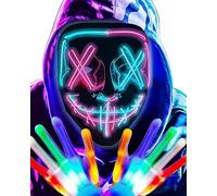 JOYTIX®Masque LED Squelette Effrayant 2025: Double Lumière Rouge/Bleue + Gants 6 Modes | Déguisement Horreur Taille Unique Adulte/Enfant Lumière Froide (Masque LED - Sans gants)