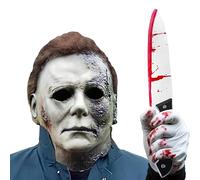 JOYTIX®Masque Michael Myers L'Épouvantail + Gants Noirs & Dague Ensanglantée - Set d'Halloween 3 Pièces pour Adultes - Accessoires de Terreur (Visage Marqué + Couteau Sanglant + Gants)