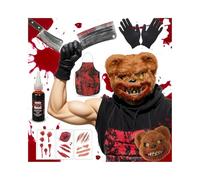 JOYTIX®Masque Ours en Peluche Sanglant avec Tablier Boucher, Couteau PVC & Gel de Sang Artificiel - Costume d'Horreur 6 Pièces pour Adulte, Accessoire Escape Game