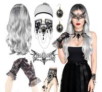 JOYTIX®Set Déguisement Femme Halloween 7 Pièces - Longue Perruque Grise Ondulée avec Collier Dentelle, Boucles d'Oreille, Gants, Masque - Costume Gothic pour Soirée Masquée, Vampire, Sorcière