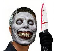 JOYTIX®SpookyLook Masque de Démons Souriant Effrayant pour Halloween avec Couteau Sanglant & Gants Noirs, Set Costume Latex Adulte (Masque non lumineux + dague accessoire + gants)