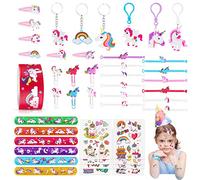 JOYUE 50 PCS Anniversaire Licorne, Bracelets, Porte Clés, Tatouage Enfant, Epingle à Cheveux, Signet, Bracelets Slap, Jouet Kit Fête, Pinata, Fille Cadeau D'anniversaire