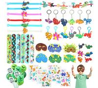 JOYUE 63PCS Dinosaure Party Jouet, Dinosaure Masque, Porte Clés, Bague, Bracelet, Bracelets Slap, Dinosaure Tatouage, Dinosaure Bannière et Ballons, Pinata Fillers, Cadeau d'anniversaire Garçon