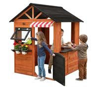 Joyz Cabane d'enfant Extérieure en Bois de Sapin avec Cuisine d'Été et Espace de Jeu, Maisonnette de Jardin avec Porte, 4 Fenêtres et 2 Pots de Fleurs, Résistante aux Intempéries, À partir de 3 Ans