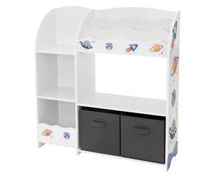 Joyz Étagère pour Enfants, Motif Espace, 93x30x98 cm, Blanc, Coffre avec 8 Compartiments de Rangement et 2 Boîtes en Tissu Amovibles, Bibliothèque pour Chambre d'Enfant, Organisateur de Jouets, Livres
