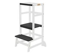 Joyz Tour d'apprentissage pour Enfants, Chaise d'Observation Montessori à partir de 1 an, Bois Blanc-Gris, Barre de Protection, Hauteur Réglable, Anti-basculement, Tabouret de 2 Marches, Aide Cuisine