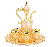 Joyzan Ensemble Cafetière Turque Vintage, Théière Artisanale Marocaine Métal Flacons Hanche Verre Vin Russe Ensembles Décoration Pot Café Plateau Turc Thé Avec 6 Tasses Maison Cadeau Mariage Rose