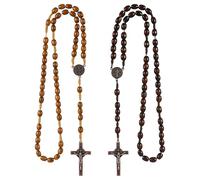 JOZMMZEOOA 2 Pièces Collier Chapelet Croix Catholique,Chapelet Catholique avec Croix Médaille Jésus Christ Saint Benoît Perles de Prière en Bois Naturel,Chapele Religieux,pour Communion,Baptême,Messe