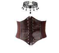 JOZMMZEOOA 2 Pièces Corset Femme Ceinture,avec 1 Noir Collier Choker Corset Femme Bustier Brun Gothique Collier Ras de Cou Pirate Femme Steampunk Robe Medievale Grosse Ceinture (Brun, Ceinture)