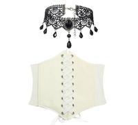 JOZMMZEOOA 2 Pièces Corset Femme Ceinture,avec 1 Noir Collier Choker Corset Femme Bustier Brun Gothique Collier Ras de Cou Pirate Femme Steampunk Robe Medievale Grosse Ceinture (Blanc)