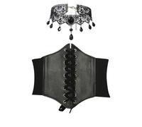 JOZMMZEOOA 2 Pièces Corset Femme Ceinture,avec 1 Noir Collier Choker Corset Femme Bustier Brun Gothique Collier Ras de Cou Pirate Femme Steampunk Robe Medievale Grosse Ceinture (Noir)