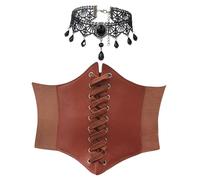 JOZMMZEOOA 2 Pièces Corset Femme Ceinture,avec 1 Noir Collier Choker, Marron Corset Femme Bustier Gothique Collier Ras de Cou Pirate Steampunk Robe Medievale Grosse Ceinture