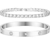 JOZMMZEOOA Bijoux Femme 2 Pièces Bracelet Femme Or 10 Diamants, Bracelets Zirconium 4 mm de Large, Bijoux Acier Inoxydable avec une Belle Boîte Cadeau (Argent)