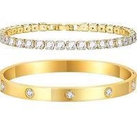 JOZMMZEOOA Bijoux Femme 2 Pièces Bracelet Femme Or 10 Diamants, Bracelets Zirconium 4 mm de Large, Bijoux Acier Inoxydable avec une Belle Boîte Cadeau (Or)