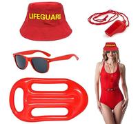 JOZMMZEOOA Costume de Sauveteur 4 Pcs Baywatch Lifeguard Costume Accessoires Sauveteur Ensemble Lifeguard Réglable Chapeau de Sauvetage Sifflet Lunettes de Soleil Bouée de Sauvetage pour Carnaval