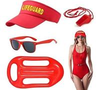 JOZMMZEOOA Costume de Sauveteur 4 Pcs Baywatch Lifeguard Costume Accessoires Sauveteur Ensemble Lifeguard Réglable Chapeau de Sauvetage Sifflet Lunettes de Soleil Bouée de Sauvetage pour Carnaval (A)