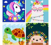 Jozutoyz Lot de 4 peintures à l'huile par numéros pour enfants à partir de 5, 6, 7, 8 ans, pour débutants, avec pinceaux, toile, peinture acrylique, cadeau - 20 x 20 cm (animaux A)