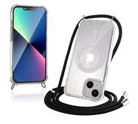JProtect Coque de protection pour iPhone 13 avec bande et MagSafe - Chaîne de téléphone portable magnétique pour iPhone 13 magnétique - Coque à bandoulière transparente noire - Chaîne de téléphone