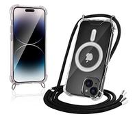 JProtect Coque de protection pour iPhone 14 avec bande et MagSafe - Chaîne de téléphone portable magnétique pour iPhone 14 magnétique - Coque à bandoulière transparente noire - Chaîne de téléphone