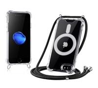 JProtect Coque de protection pour iPhone 7/8/SE 2 & 3 avec bande et MagSafe - Chaîne de téléphone portable magnétique pour iPhone SE 2020 et 2022 magnétique - Coque transparente à bandoulière noire