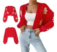 JPSSJGYH Cardigan en pain d'épices pour femmes, cardigan court de Noël à manches longues en pain d'épices pour femmes (Red,M)