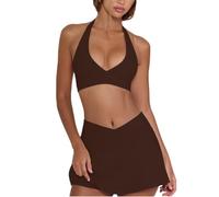 JPXJGT 2 Pièces Survêtement de Sport pour Femme Ensembles Soutien-Gorge Débardeur Crop Top Taille Haute Pantalon à jupe Fitness Jogging Sportswear Yoga Gym Outfit(Size:M,Color:brun)