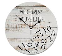 JPXXFM Who Cares You're Late Wall Clock Weathered Wood Floor Round Decorative Clocks Battery Operated 10 inch Country Coastal Decor She Shed Living Room Decor Gift for Man Woman Friend