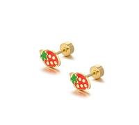 JQQJZLC 18g Tiny Strawberry Stud Boucles d'oreilles à Plat pour Les Femmes Adolescentes 14K plaqué Chirurgical en Acier Inoxydable hypoallergénique Mignon Petit émail Fruits Cartilage Tragus vis