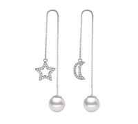 JQQJZLC 925 Sterling Silver Pearl Treler Brouille à Oreilles, Silver Star Moon Tassel Drop Oree Oreed, Tirez à Travers des Boucles d'oreilles Pendantes pour Les Femmes de Mariage