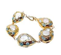 JQQJZLC Bracelets Natural White Coin Water Water Pearl Blue Larimar Chips Pave Gold Color Pared Wrap Bracelet 9 "