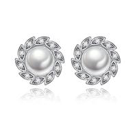 JQQJZLC Élégant Crystal Leaf Round Pearl Stud Women's Glamorous Bijoux Femmes Moucles d'oreilles