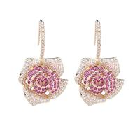 JQQJZLC Huggie CZ Flower Slond Moucles d'oreilles pour Femmes Filles aux charmes de la Mode de Luxe Pave Rigiane Filigree Camellia Rose Crystal Drop Drop Sangling Bijouts de Promo