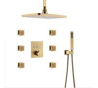 JQQJZLC Système de douche thermostatique rectangulaire de 30,5 x 20,3 cm, pommeau de douche à effet pluie rectangulaire avec 6 jets de corps, ensemble de douche noir mat, noir (or brossé)
