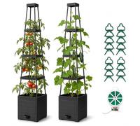 JQTOP Lot de 2 Jardinières Surélevées avec Treillis 145 cm, Pots à Tomates Auto-Arrosants, Bacs de Plantation Noirs pour Plantes Grimpantes, Légumes, Fleurs, Jardin, Balcon et Terrasse