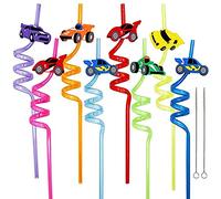 JQTOP Lot de 24 pailles en plastique pour voiture et camion - Décorations de fête d'anniversaire - Avec brosse de nettoyage - Pailles réutilisables - Pour enfants et adultes