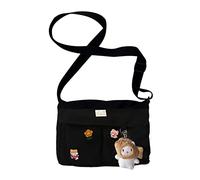 JQWSVE Sac à bandoulière en toile décontracté pour femmes et filles Kawaii avec accessoires, joli sac d'école japonais 01-noir