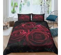 JQZXKNHPRS Deep-Red-Roses Linge de Lit Microfibre 3 Pièces 3D Imprimée Hypoallergique Romantic-Floral-Style Ensemble De Literie avec Fermeture Éclair Ultra Douce for Chambre Adulte Single（135x200cm）