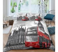 JQZXKNHPRS London Bus Parure de Lit Ultra Douce Microfibre Hypoallergique 3 Pièces Cityscape Travel Style Linge de Lit avec 2 x Taies d'oreiller Confortable for Enfants Garçons Ado Single（140x200cm）