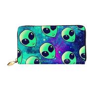 JRBWTDBW Portefeuille en cuir pour femme imprimé extraterrestres verts de grande capacité avec plusieurs emplacements pour cartes, sac à main long pour femme avec compartiment à fermeture éclair, 19 x