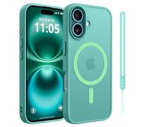 jrester Coque magnétique pour iPhone 16 avec Cordon, étui translucide Mat en PC Rigide et TPU Antichoc pour iPhone 16 - Vert mer