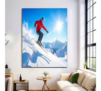 JRISEMECY Affiches Skieur Moderne, Impressions Art Mural Sur Toile Paysage De Montagne Enneigé, Tableau Poster Vintage Bleu Décoratif Murale Pour Salon Chambre À Coucher, 40X50Cm, Sans Cadre