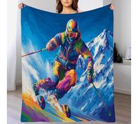 JRISEMECY Couverture en Polaire Motif Skieur Aux Couleurs Contrastées Couverture De Canapé Microfibre Douce Plaid Affiche Pop Art Bleu pour Salon Chambre Et L’Extérieur Toutes Saisons, 220X240Cm