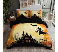 JRISEMECY Housse De Couette 220X240 Ville d'halloween Étrange Sorcière Château Ciel Clair De Lune | Parure De Lit 2 Personne Orange Housse Couette Microfibre avec Fermeture Éclair, Taie d'oreiller