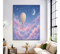 JRISEMECY Tableau Décoratif Mural Contemporain, Montgolfière De Rêve Étoiles Filantes Nuages Ciel, Grand Tableau Sur Toile Moderne Design Salon Sans Cadre, Décoration Murale Toile Bleu Rose, 80X120Cm