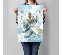 JRISEMECY Tableau Décoratif Pilote Animal Amusant 60X80Cm - Impression Sur Toile Bleu Clair - Décoration Murale Sans Cadre Pour Salon Cuisine Chambre - Tableau Peinture Posters Aquarelle Ours
