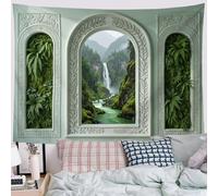 JRISEMECY Tapisserie Murale Décorations Cascade En Forêt Naturelle Tenture Murale Impression 3D | Fenêtres Nordiques En Relief Tapisserie Affiche Vert Sauge Pour Salon Dortoir Décor 150X100 Cm