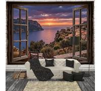 JRISEMECY Tapisserie Murale Décorations Méditerranée Depuis Fenêtre Tenture Murale Impression 3D | Coucher Soleil Village Océan Tapisserie Affiche Violet Pour Salon Dortoir Décor 150X130 Cm